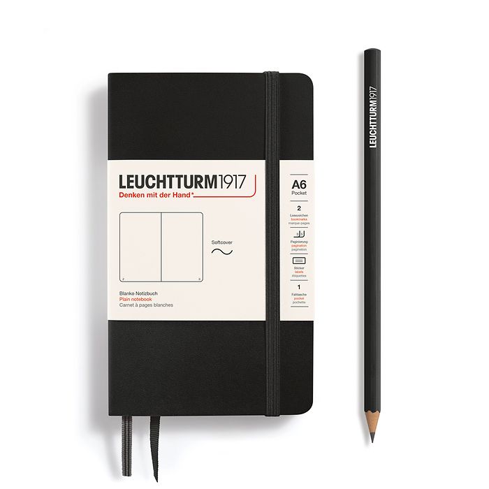 Notebook Pocket (A6), Softcover, 123 numbered pages, Black,  plain