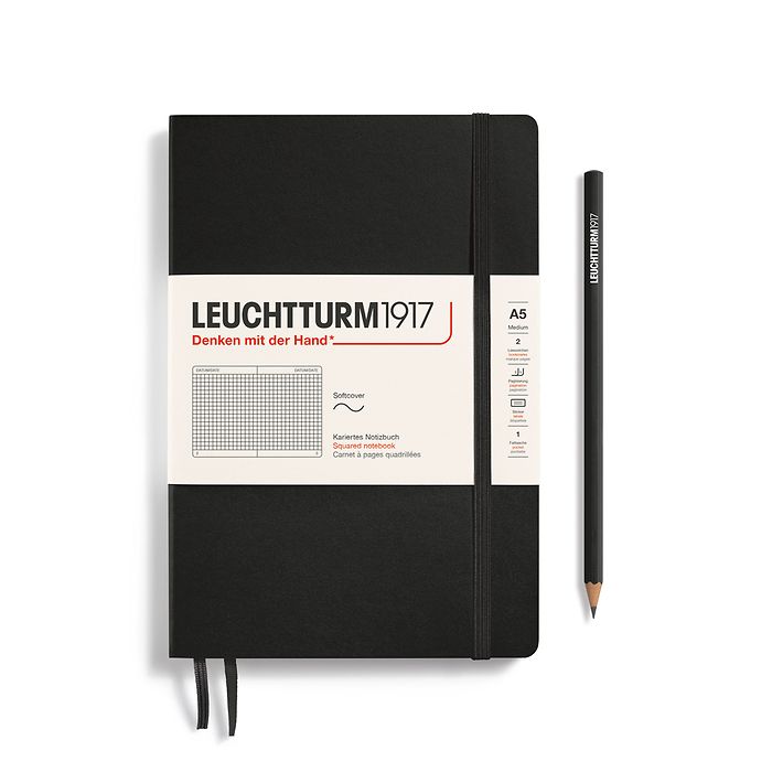 Notebook Medium (A5), Softcover, 123 numbered pages, Black,  squared