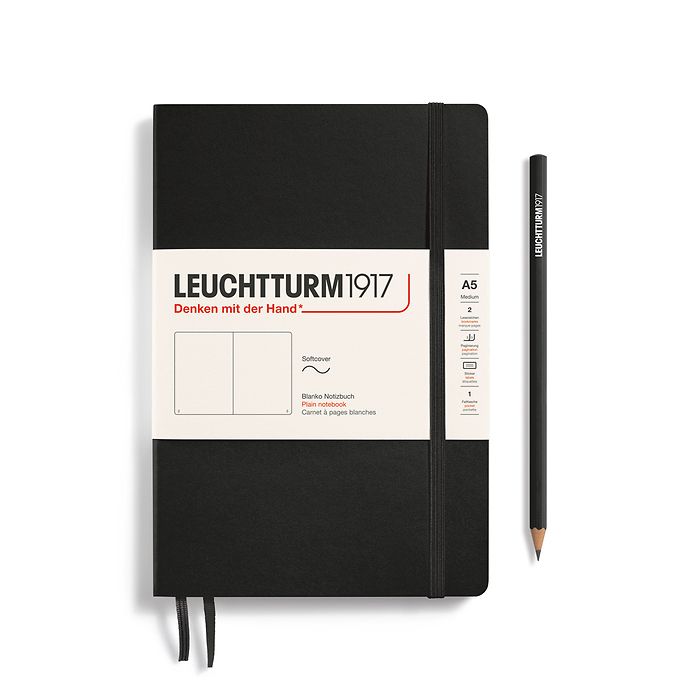 Notebook Medium (A5), Softcover, 123 numbered pages, Black,  plain