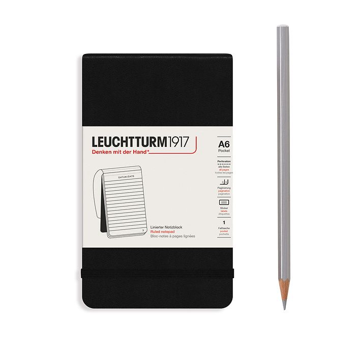 Notepad Pocket (A6), Hardcover, 184 numbered pages, black, ruled