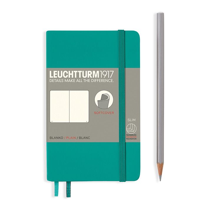 Notebook Pocket (A6), Softcover, 123 numbered pages, Emerald, plain