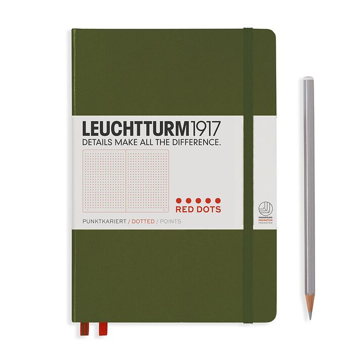 Notebook Medium (A5), Red Dots, Hardcover, 251 numbered pages, Army, dotted