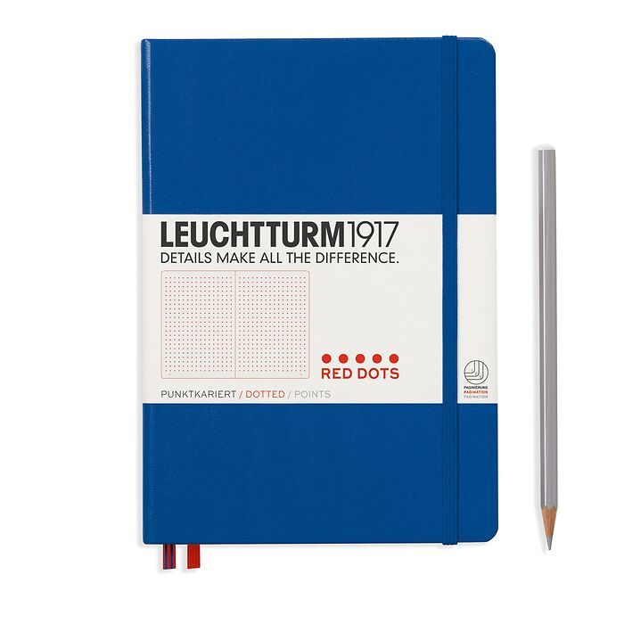 Notebook Medium (A5), Red Dots, Hardcover, 251 numbered pages, Royal Blue, dotted