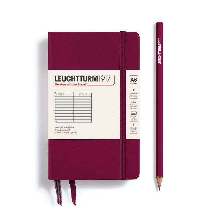 Notebook Pocket (A6), Hardcover, 187 numbered pages, Port Red, ruled