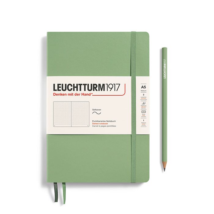 Notebook Medium (A5), Softcover, 123 numbered pages, Sage, dotted