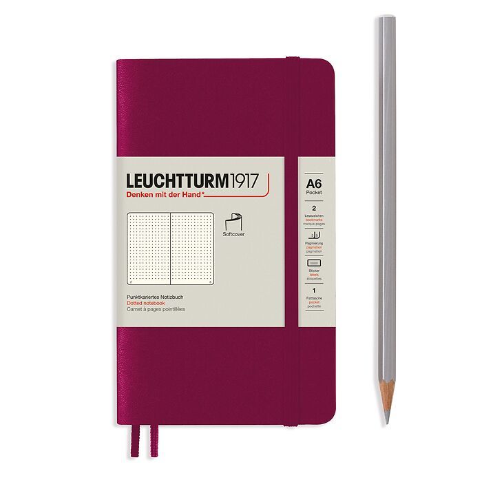 Notebook Pocket (A6), Softcover, 123 numbered pages, Port Red,  dotted