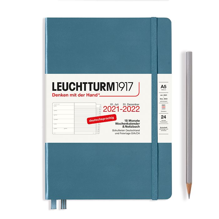 Weekly Planner & Notebook Medium (A5) 2022, with booklet, 18 Months, Stone Blue, German