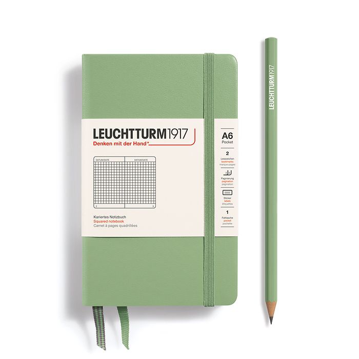 Notebook Pocket (A6), Hardcover, 187 numbered pages, Sage, squared