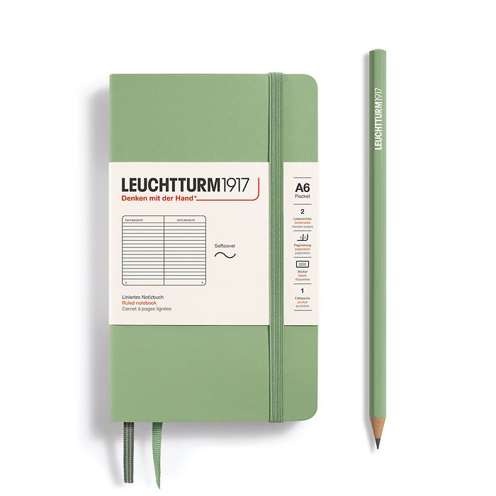 Notebook Pocket (A6), Softcover, 123 numbered pages, Sage, ruled