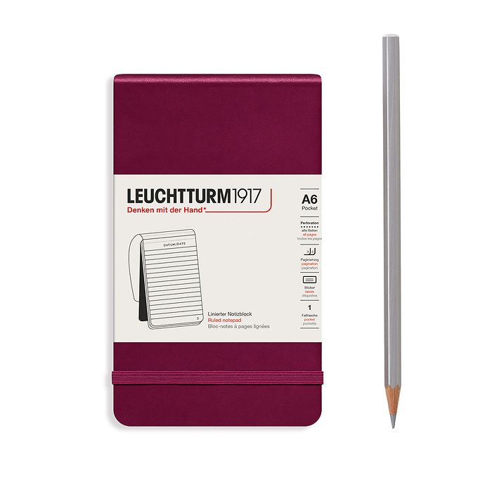 Notepad Pocket (A6), Hardcover, 184 numbered pages, Port Red, ruled