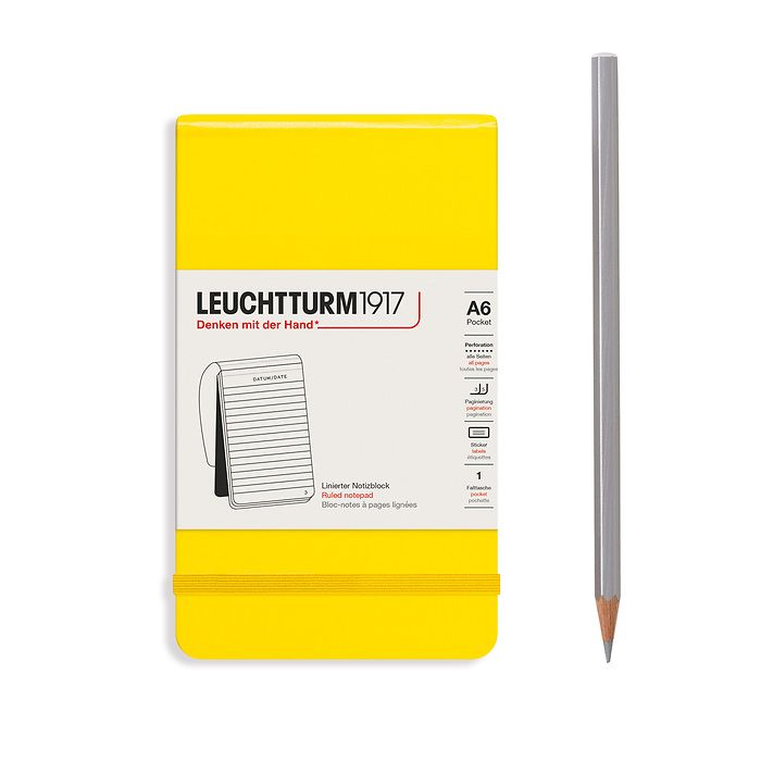 Notepad Pocket (A6), Hardcover, 184 numbered pages, lemon, ruled