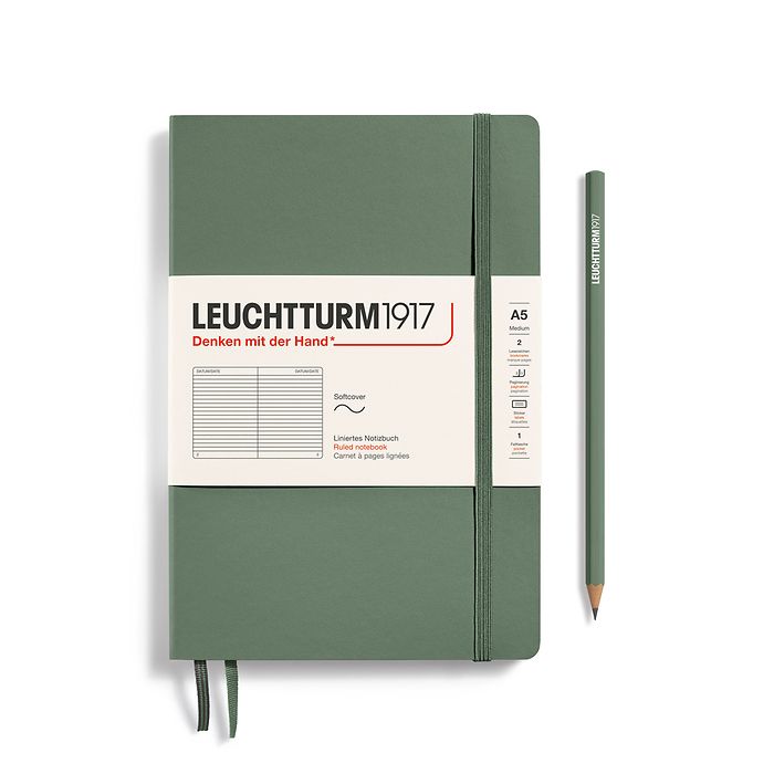 Notebook Medium (A5), Softcover, 123 numbered pages, Olive, ruled