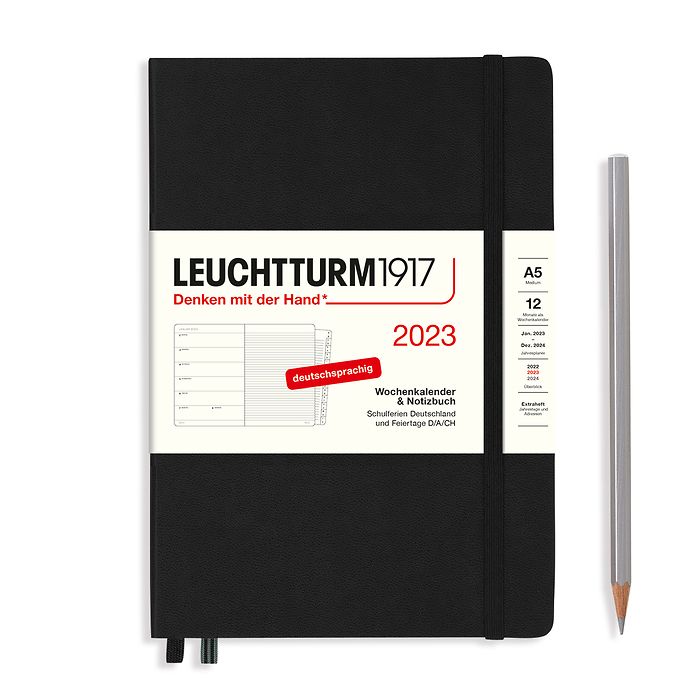 Weekly Planner & Notebook Medium (A5) 2023, with booklet, Black, German