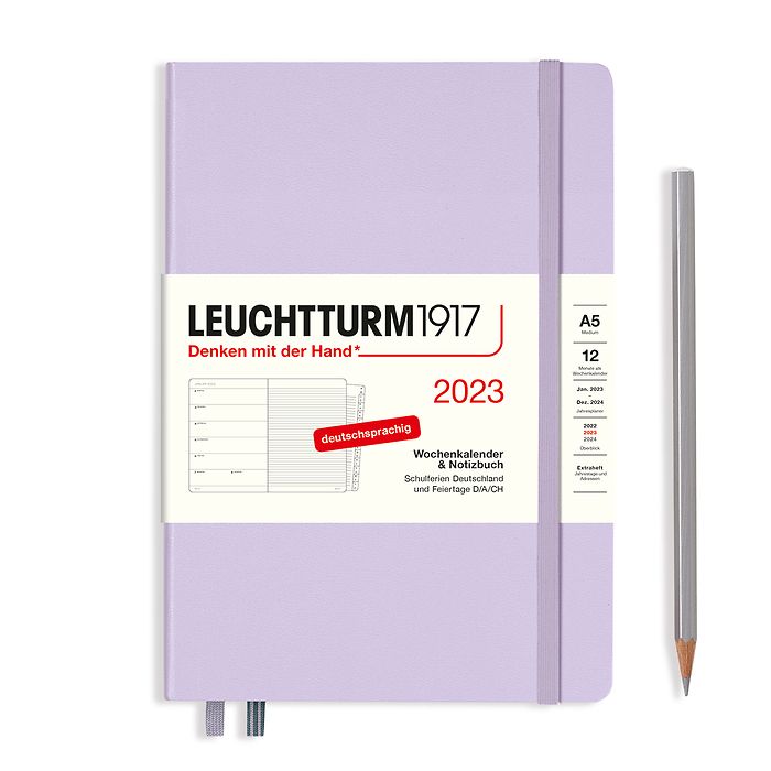 Weekly Planner & Notebook Medium (A5) 2023, with booklet, Lilac, German
