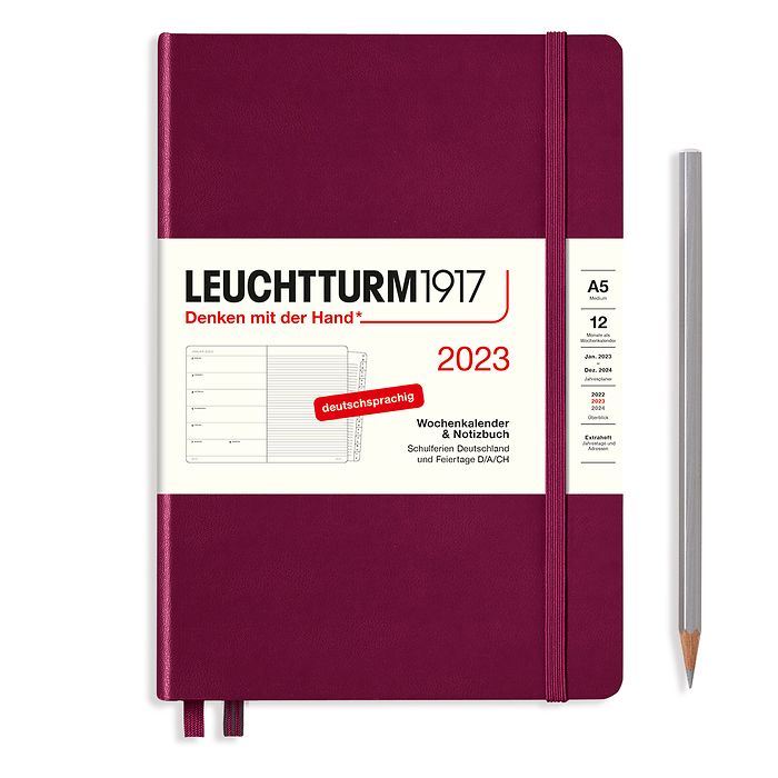 Weekly Planner & Notebook Medium (A5) 2023, with booklet, Port Red, German