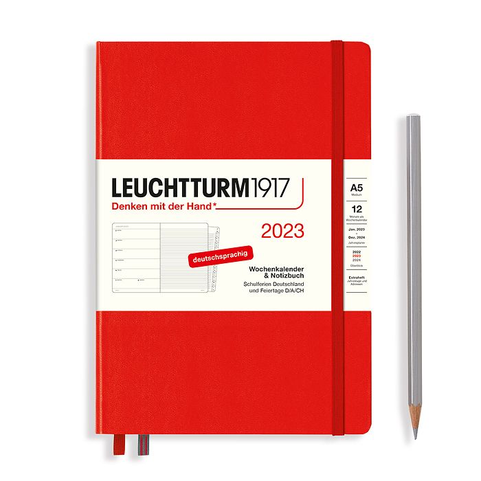 Weekly Planner & Notebook Medium (A5) 2023, with booklet, Red, German