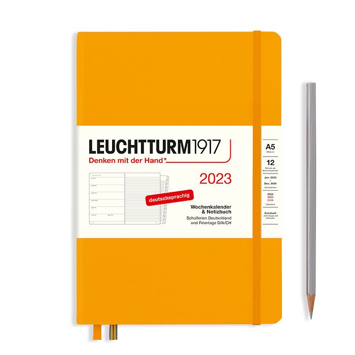 Weekly Planner & Notebook Medium (A5) 2023, with booklet, Rising Sun, German