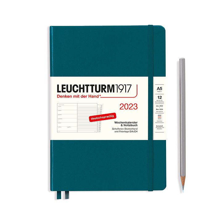 Weekly Planner & Notebook Medium (A5) 2023, with booklet, Pacific Green, German