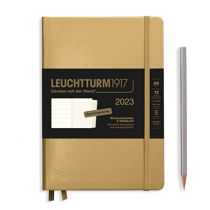 Weekly Planner & Notebook Medium (A5) 2023, with booklet, Gold, German