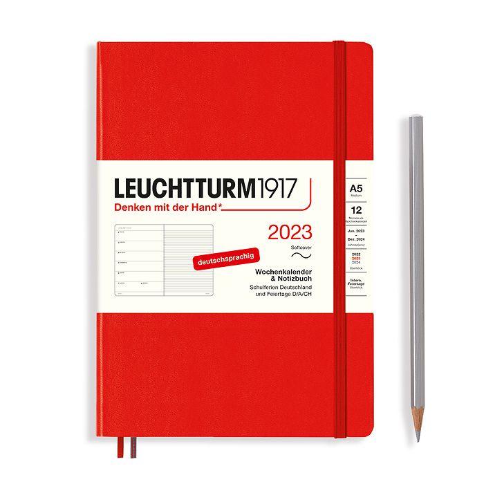 Weekly Planner & Notebook Medium (A5) 2023, Softcover, Red,  German