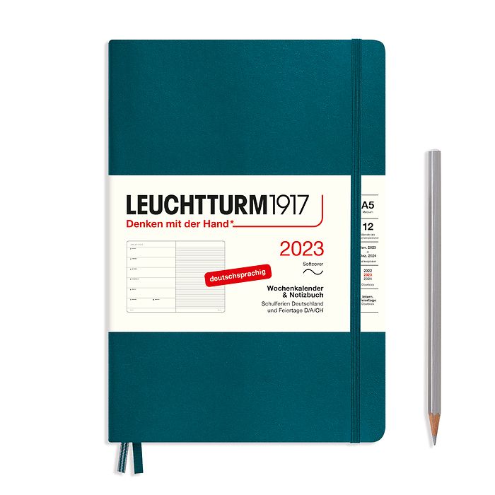 Weekly Planner & Notebook Medium (A5) 2023, Softcover, Pacific Green, German