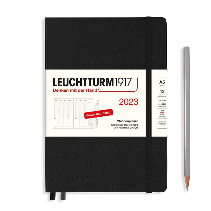 Week Planner Medium (A5) 2023, with booklet, Black, German