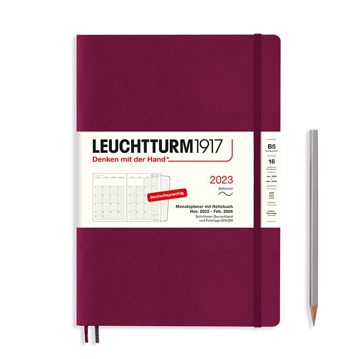 Monthly Planner & Notebook Composition (B5) 2023, 16 Months, Softcover, Port Red, German