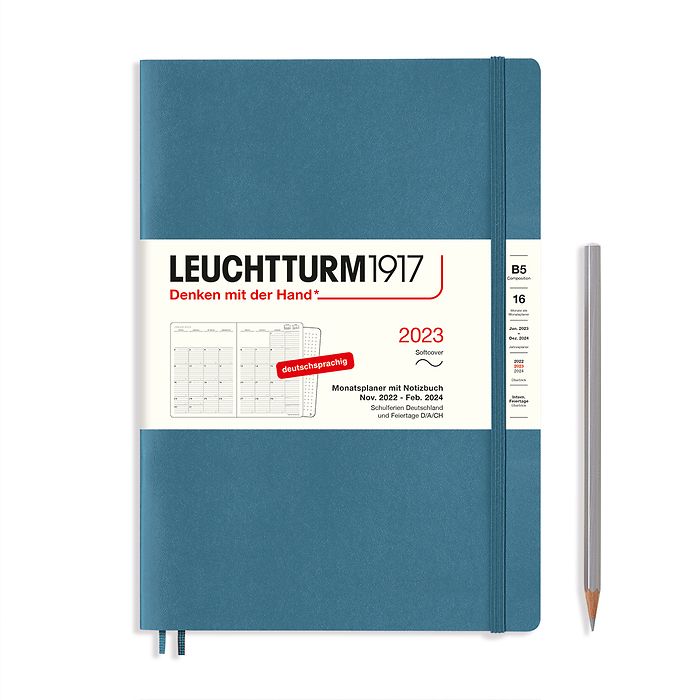 Monthly Planner & Notebook Composition (B5) 2023, 16 Mon., Softcover, Stone Blue, German