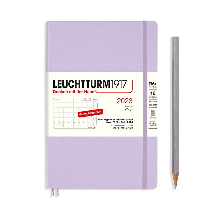 Monthly Planner & Notebook Paperback (B6+) 2023, 16 Months,  Softcover, Lilac, German