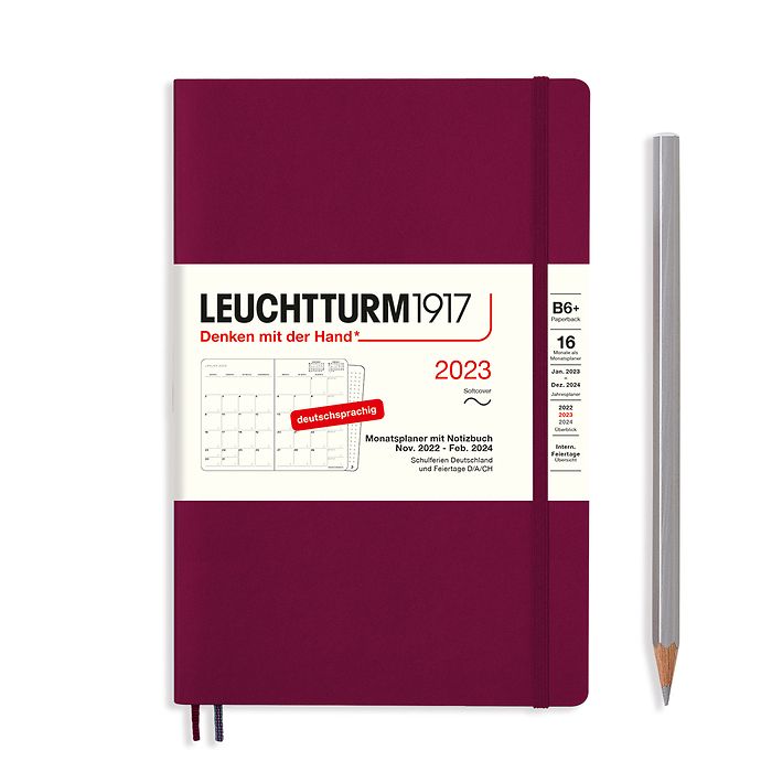 Monthly Planner & Notebook Paperback (B6+) 2023, 16 Months,  Softcover, Port Red, German