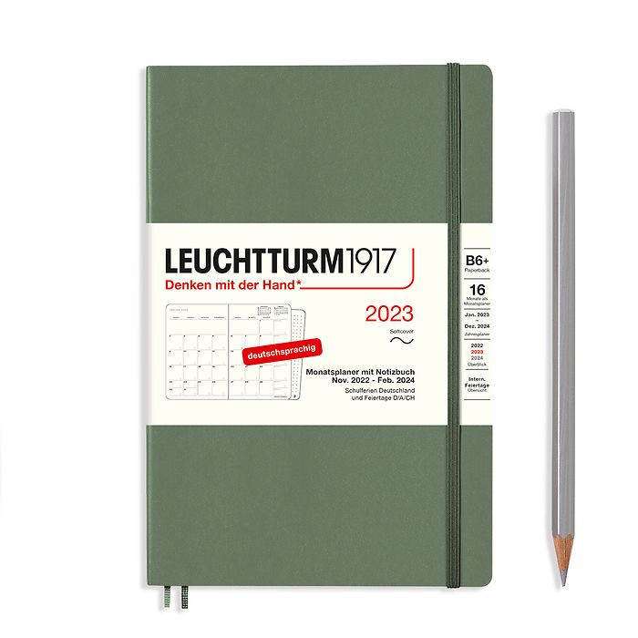 Monthly Planner & Notebook Paperback (B6+) 2023, 16 Months,  Softcover, Olive, German