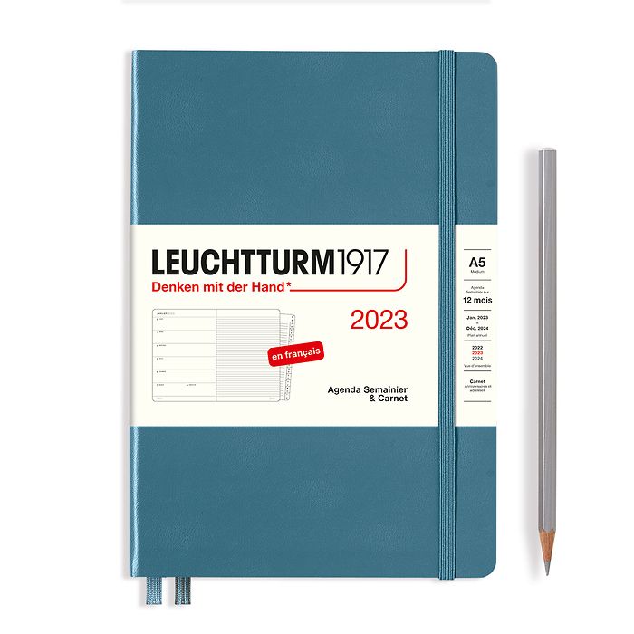 Weekly Planner & Notebook Medium (A5) 2023, with booklet, Stone Blue, French