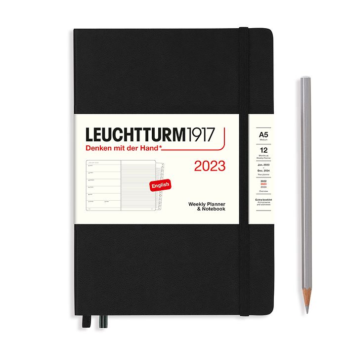 Weekly Planner & Notebook Medium (A5) 2023, with booklet, Black, English
