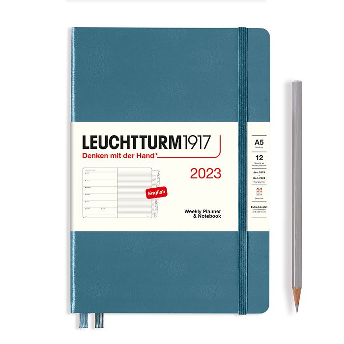 Weekly Planner & Notebook Medium (A5) 2023, with booklet, Stone Blue, English