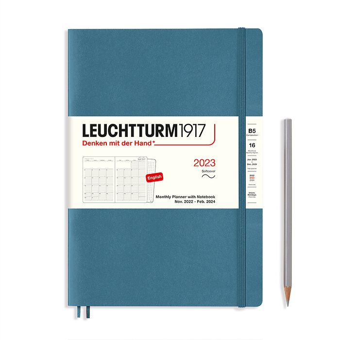 Monthly Planner & Notebook Composition (B5) 2023, 16 Mon., Softcover, Stone Blue, English