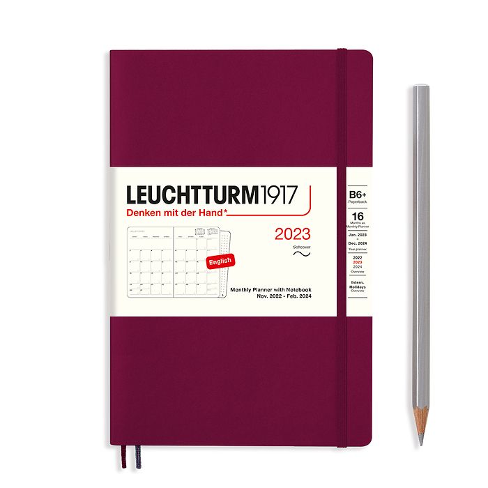 Monthly Planner & Notebook Paperback (B6+) 2023, 16 Months,  Softcover, Port Red, English