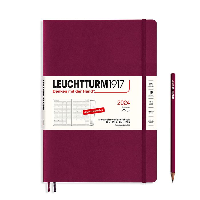 Monthly Planner & Notebook Composition (B5) 2024, 16 Months, Softcover, Port Red, German