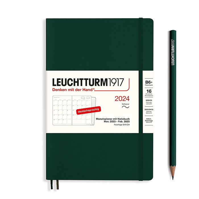 Monthly Planner & Notebook Paperback (B6+) 2024, 16 Months,  Softcover, Forest Green, Germ