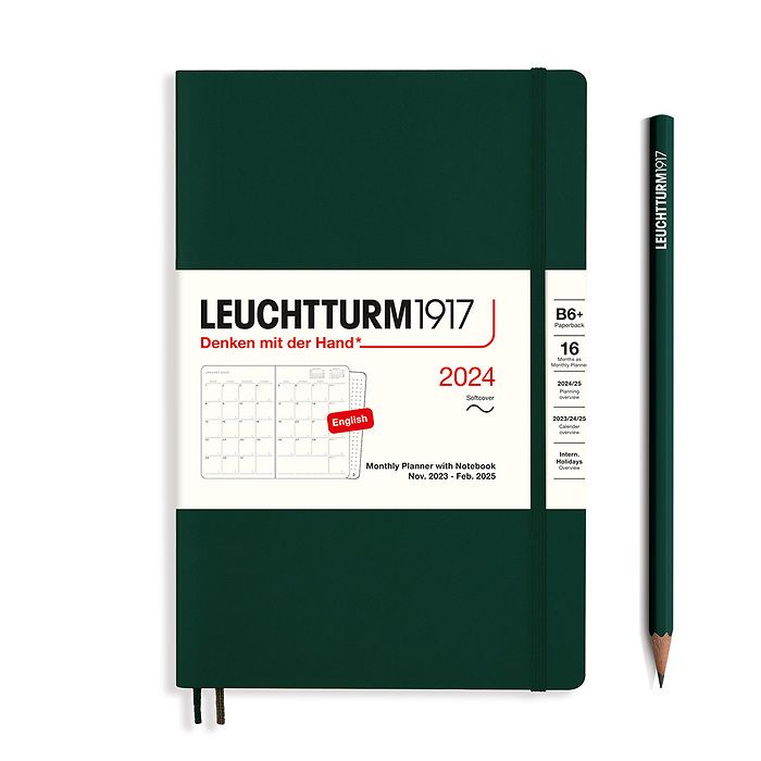 Monthly Planner & Notebook Paperback (B6+) 2024, 16 Months,  Softcover, Forest Green, Engl