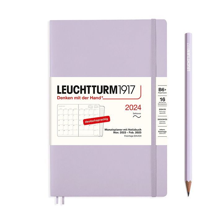 Monthly Planner & Notebook Paperback (B6+) 2024, 16 Months,  Softcover, Lilac, German