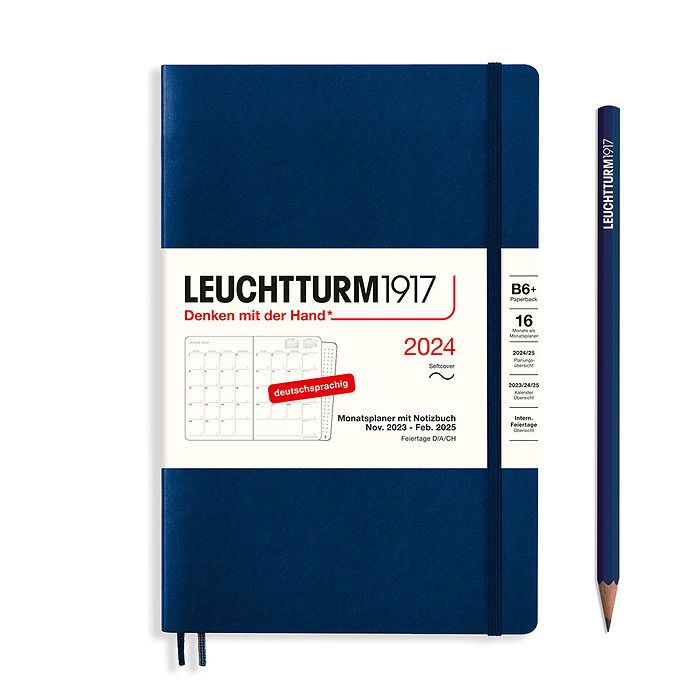 Monthly Planner & Notebook Paperback (B6+) 2024, 16 Months,  Softcover, Navy, German