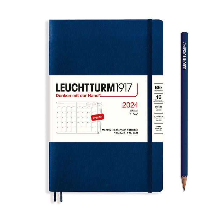 Monthly Planner & Notebook Paperback (B6+) 2024, 16 Months,  Softcover, Navy, English