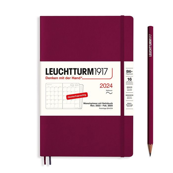 Monthly Planner & Notebook Paperback (B6+) 2024, 16 Months,  Softcover, Port Red, German