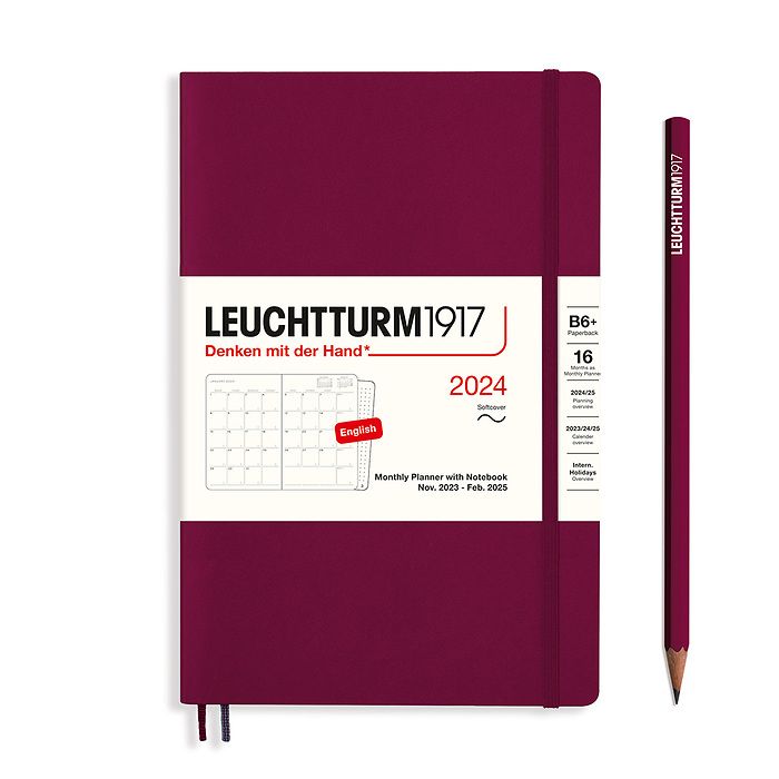 Monthly Planner & Notebook Paperback (B6+) 2024, 16 Months,  Softcover, Port Red, English