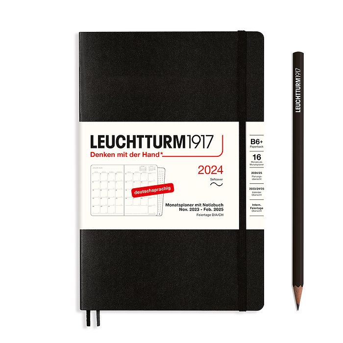 Monthly Planner & Notebook Paperback (B6+) 2024, 16 Months,  Softcover, Black, German
