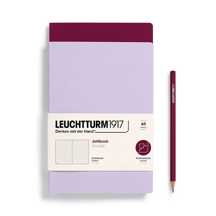 Jottbook (A5), 59 numbered pages, dotted, Lilac and Port Red, Pack of 2
