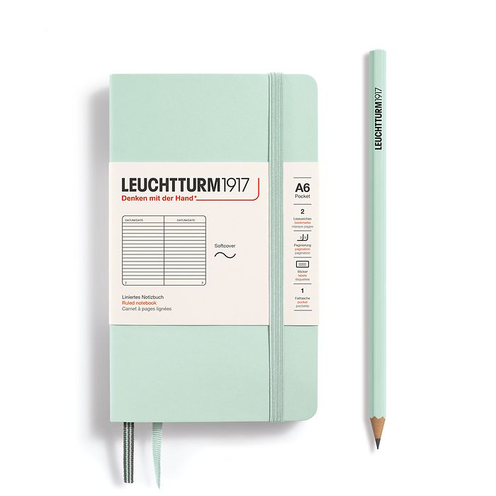 Notebook Pocket (A6), Softcover, 123 numbered pages, Mint Green, ruled